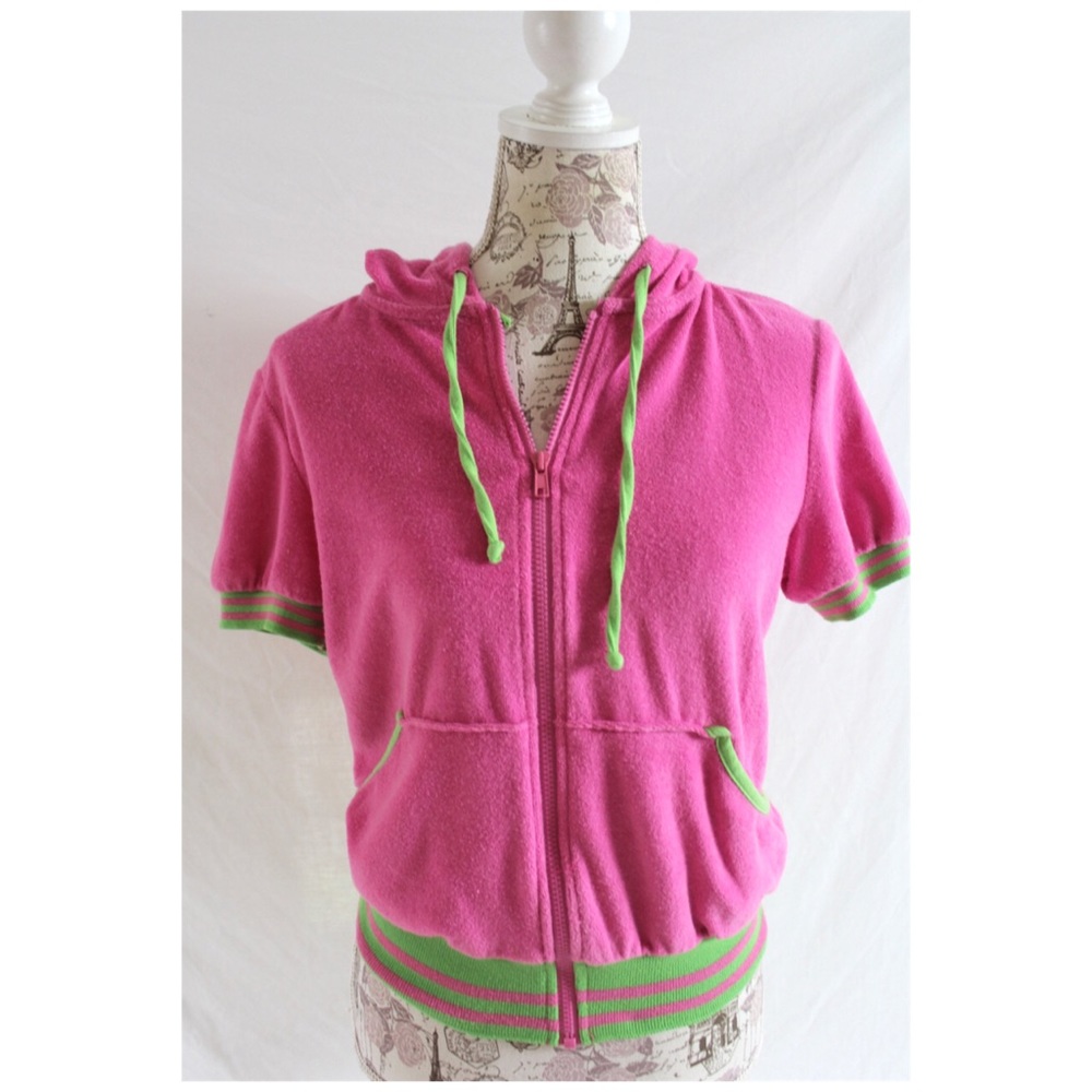 Ralph Lauren Hot Pink Short-Sleeve Zip Hoodie with Lime Trim